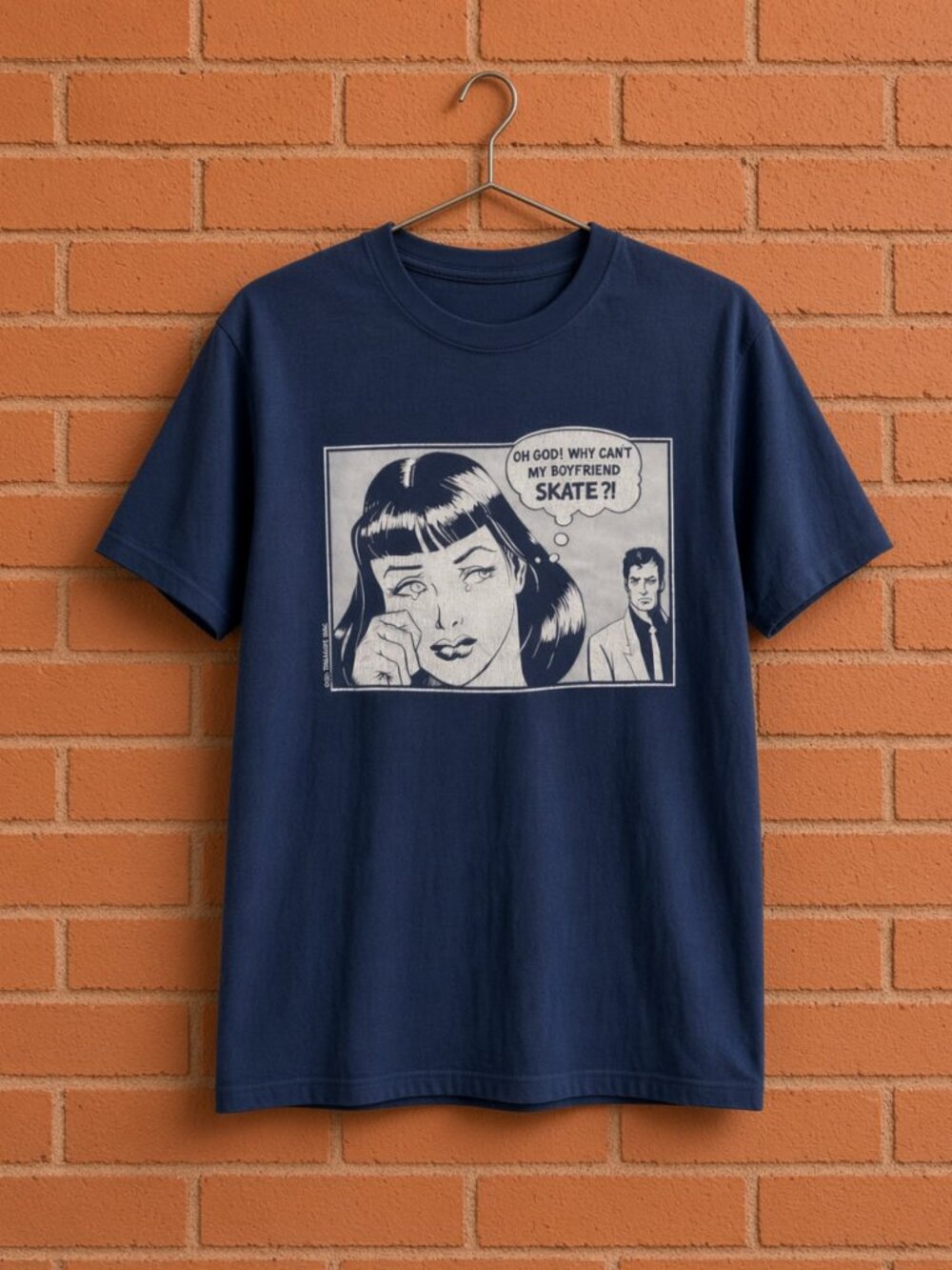 Why Can't My Boyfriend Skate Comic Graphic Tee Navy Skateboard Shirt